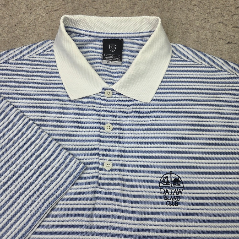 Nike Golf Dataw Island Polo Shirt Mens L Blue Striped Short Sleeve Performance